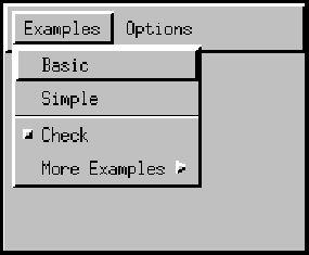 Menu labeled Examples, containing items Basic, Simple, Check, and More Examples. The Check item is a CheckBoxMenuItem instance, in the off state.